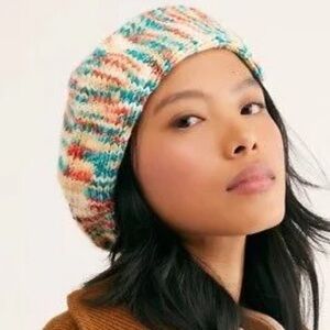 Free People Knit Space Dyed Beret Slouchy Fit Confetti Red